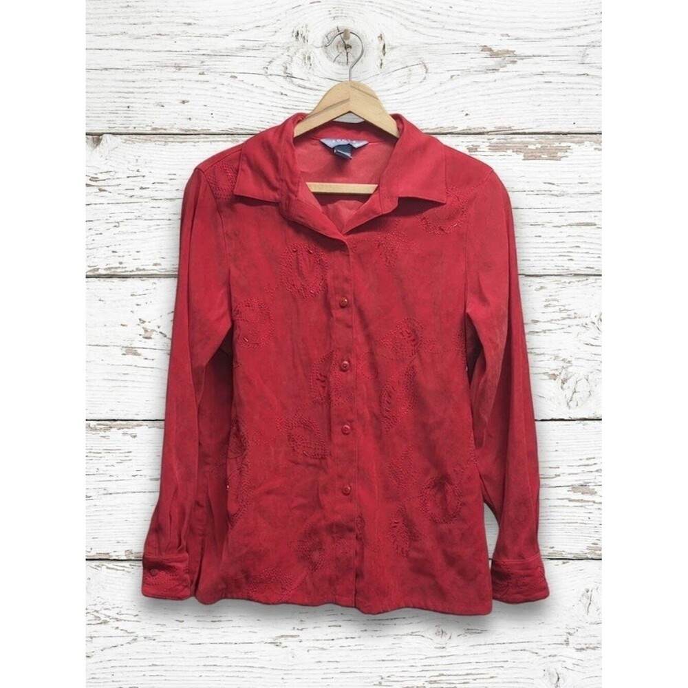Vintage Koret Red Embroidered Button Up Blouse Women's Size Medium